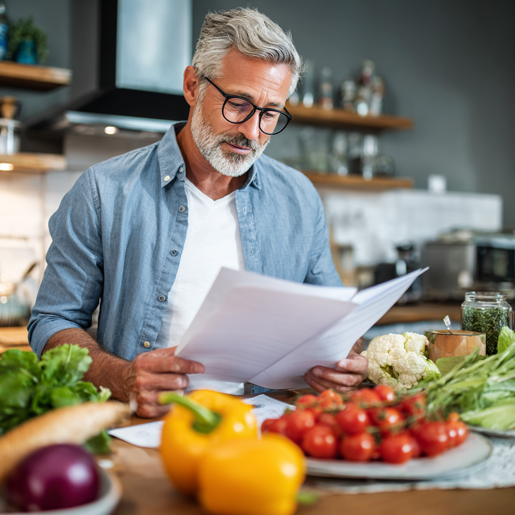 50 years old professional nutritionist reviewing meal plans with healthy ingredients on desk