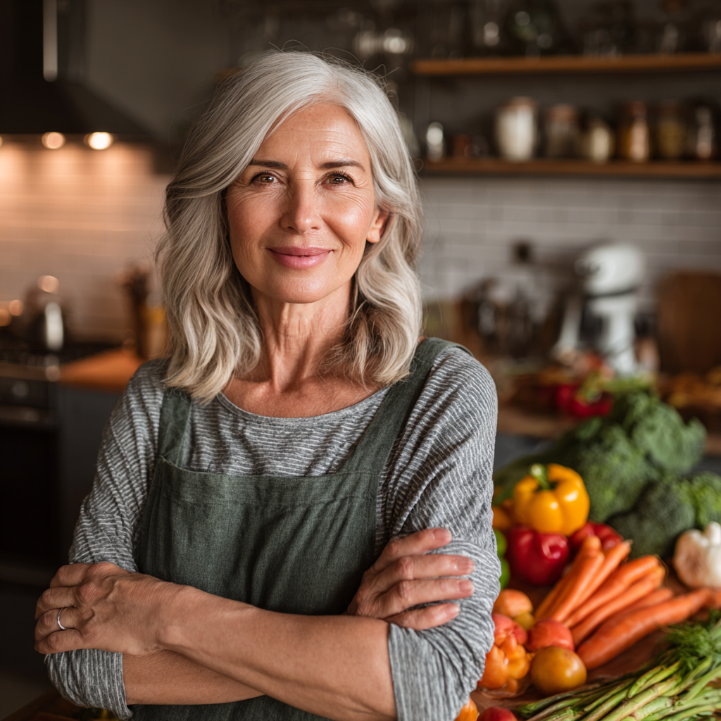 Confident 52 years old woman in kitchen showing her healthy meal planning progress